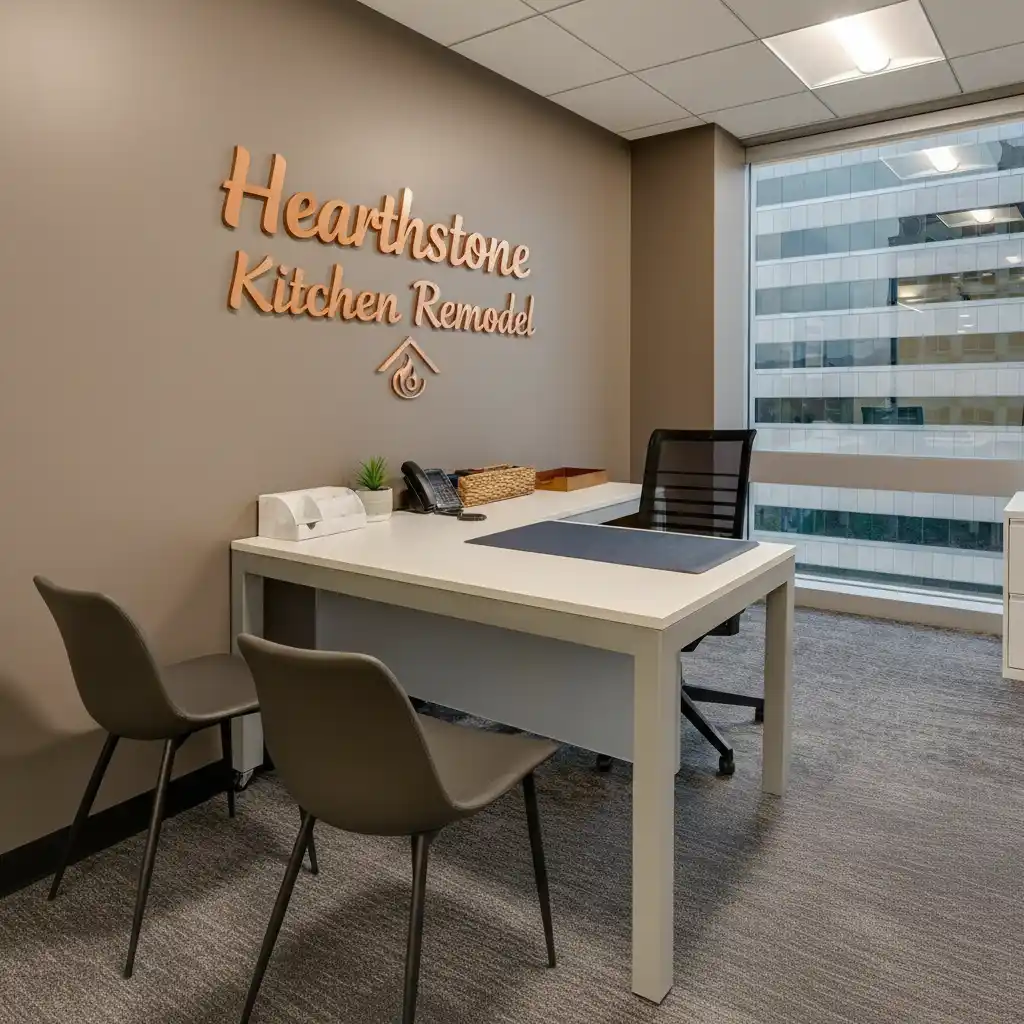 Hearthstone Kitchen Remodel office interior with company logo and branding on wall